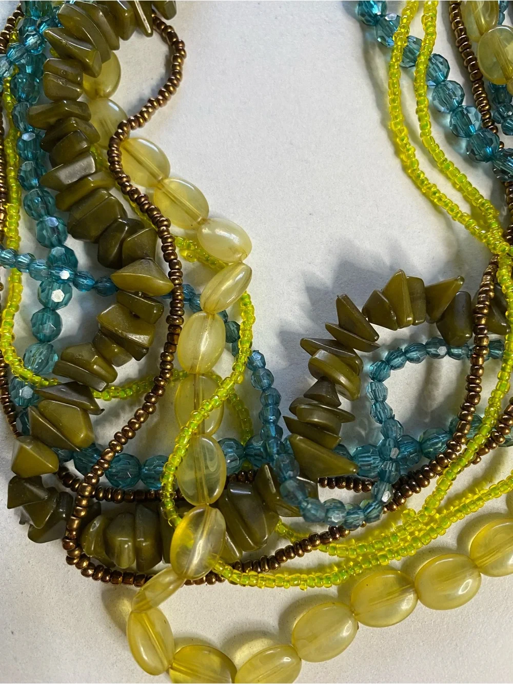 Source Unknown Yellow, Teal & Olive Multi-Strand Beaded Necklace